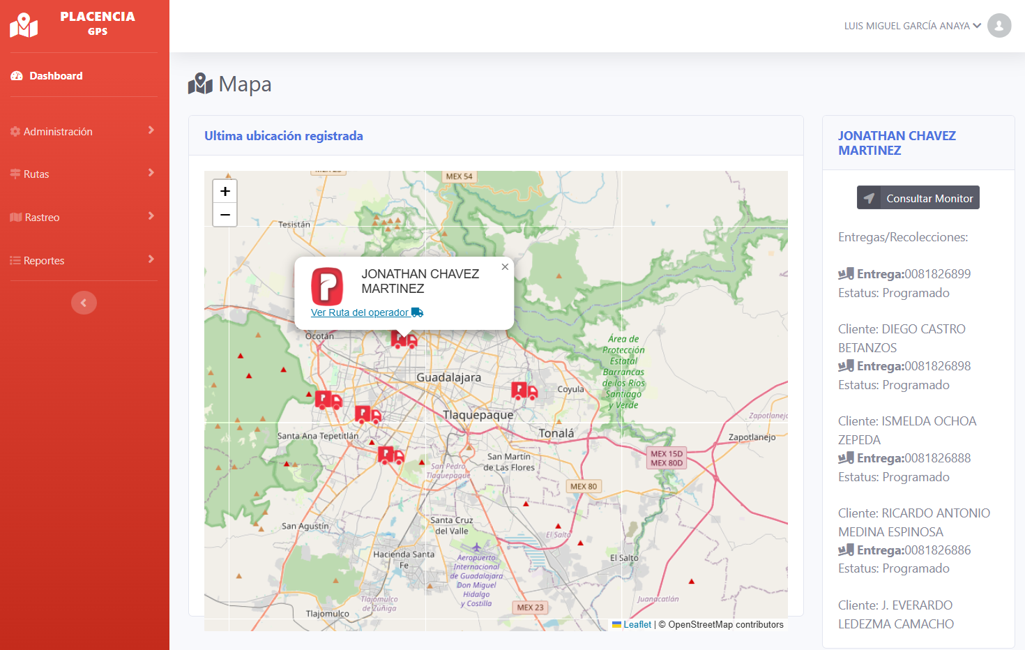 Mapa operativo con detalle de operador y entregas activas