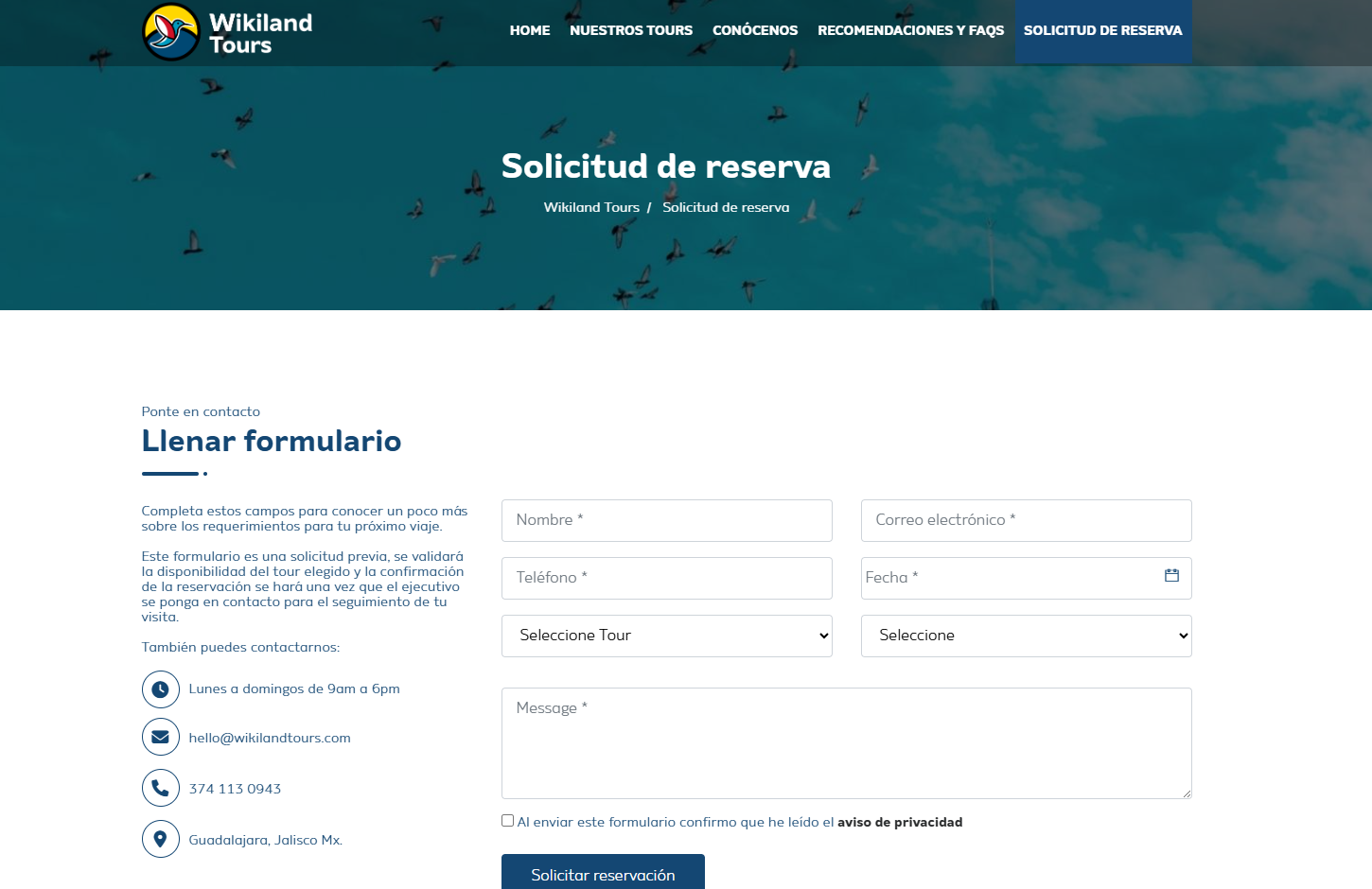 Formulario de solicitud de reserva de Wikiland Tours